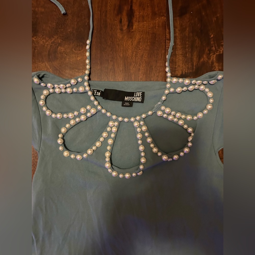 Blue Love moschino beaded blouse top size 2